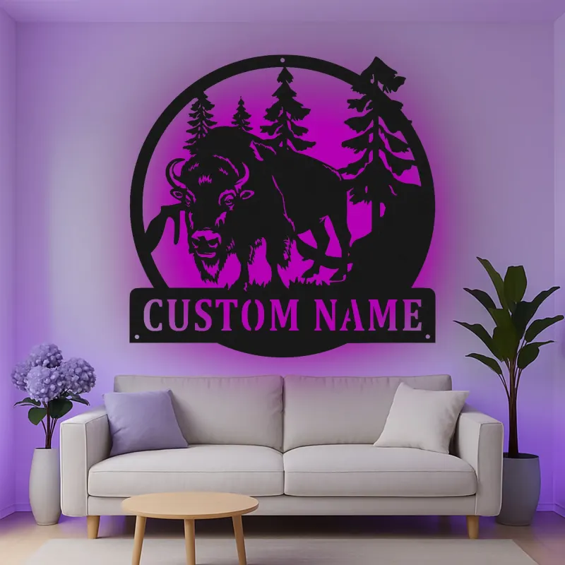 Décoration murale en métal personnalisée avec un bison en forêt, rétroéclairage LED, cadeau de faune personnalisé pour les amoureux de la nature, décoration de cabane