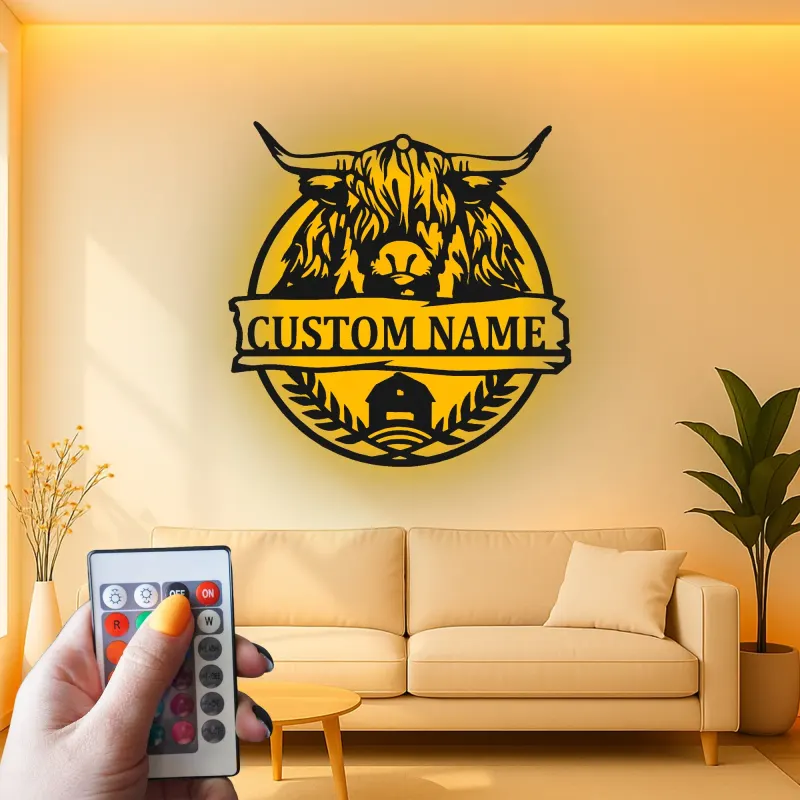 Highland Cow Metal Sign with LED | Personalized Farmhouse Wall Art | Custom Rustic Ranch Decor & Family Name Gift