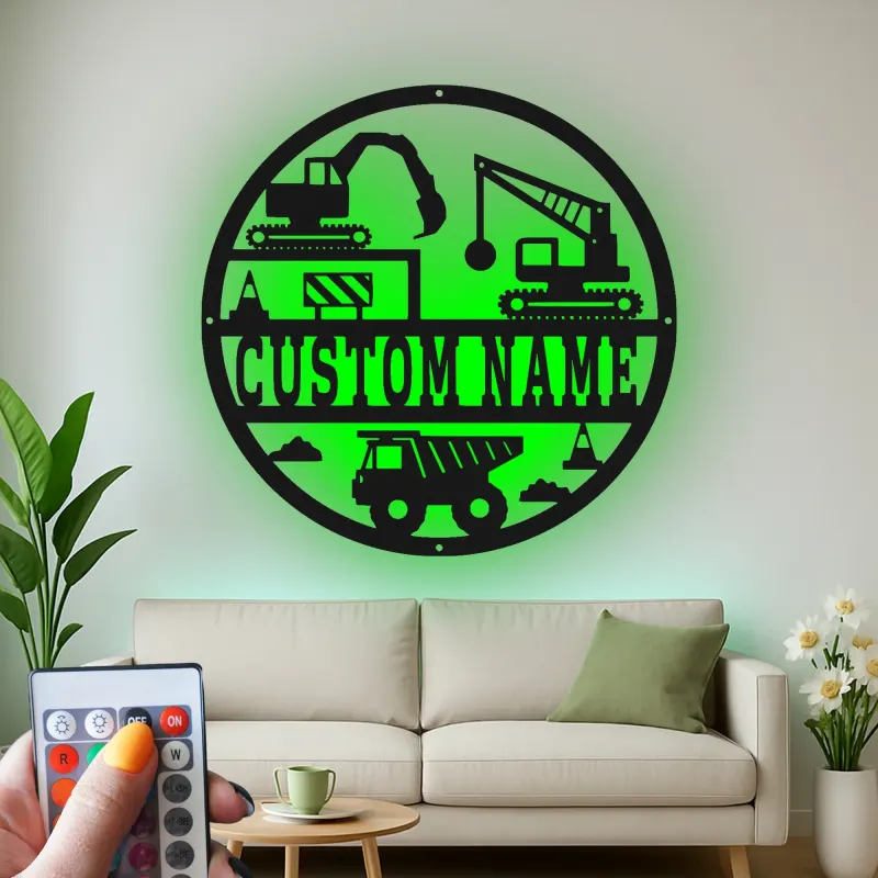 Custom Construction Site Led Light Metal Wall Art Personalized Gift for Kids Bedroom Decor for Little Builders