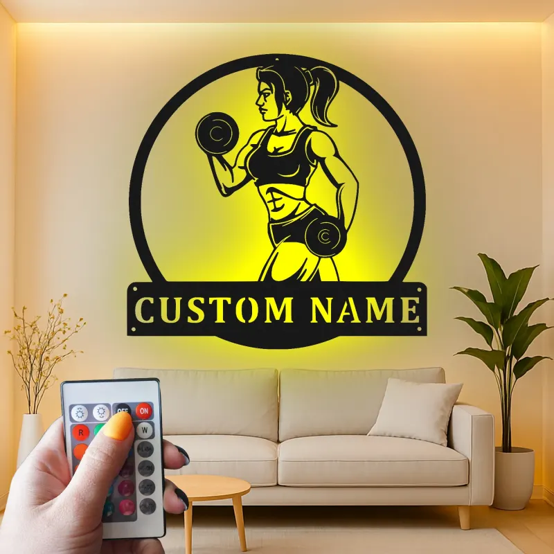 Cartel LED personalizado de chica fitness | Arte de metal con nombre personalizado para gimnasio en casa | Decoración de sala de entrenamiento | Regalo motivacional para ella