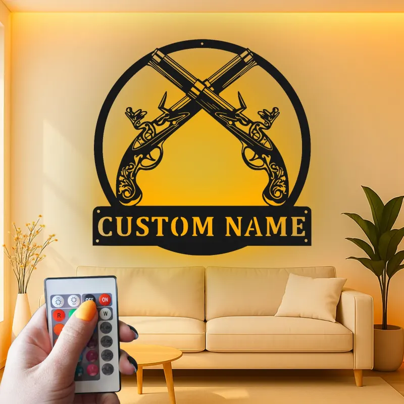 Décoration murale en métal personnalisée avec pistolets croisés et rétroéclairage LED - Cadeau pour les passionnés d'armes, décoration de cave à vin