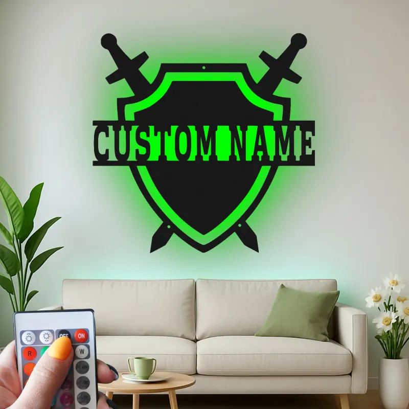 Insegna Scudo Medievale Personalizzata | Arte in Metallo LED Personalizzata | Decorazione per Cavalieri per Sala Giochi e Regalo per Appassionati di Fantasia