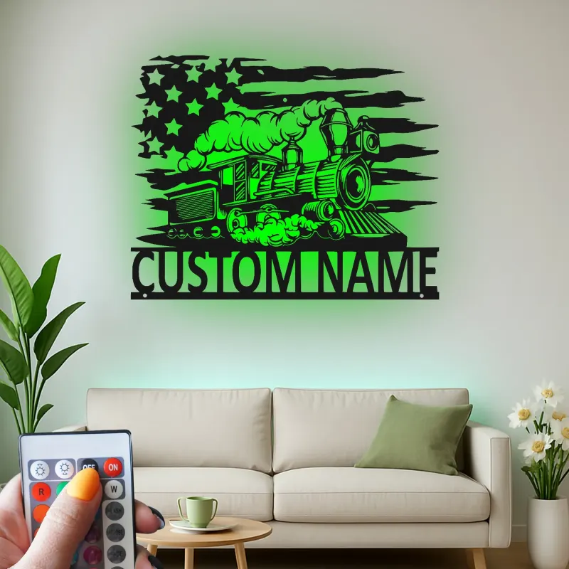 Décoration murale en métal personnalisée avec locomotive de train en rétroéclairage - Cadeau pour passionnés de trains - Décor de man cave