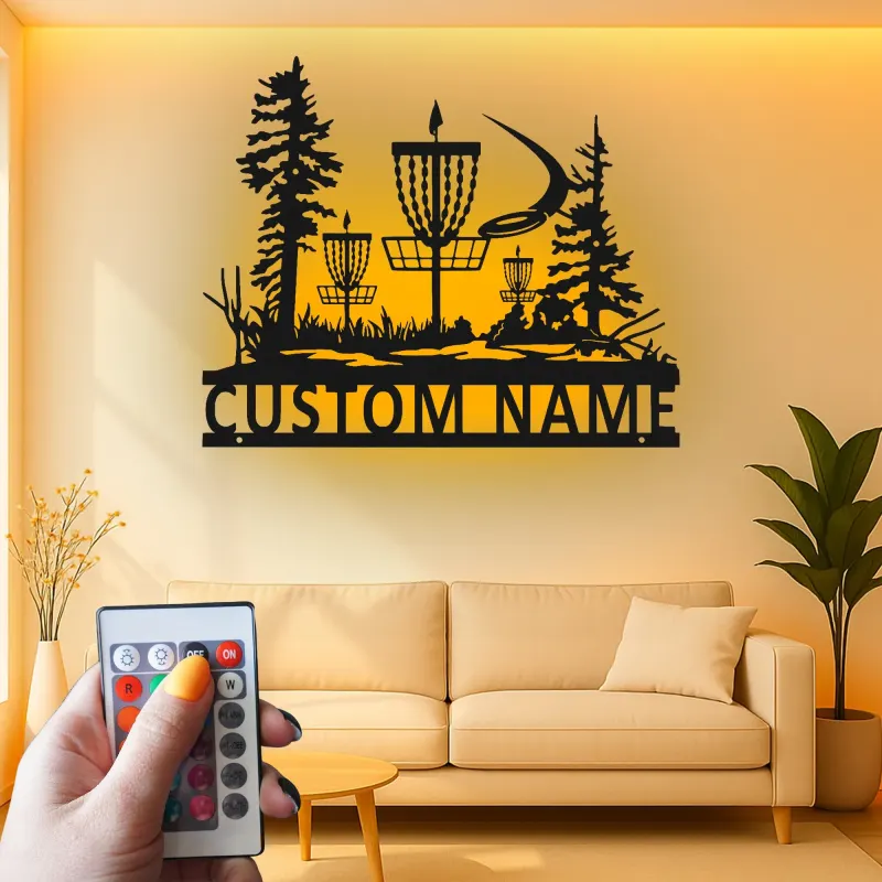 Décoration murale en métal personnalisée avec rétroéclairage LED pour panier de disc golf - Cadeau personnalisé pour disc golfers