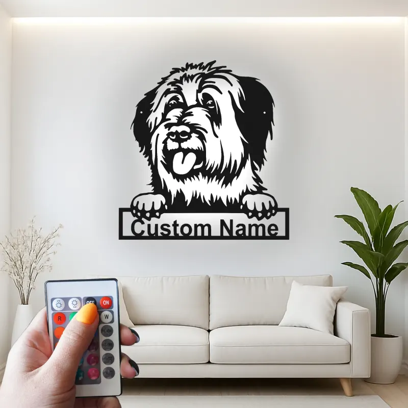 Cartel de metal personalizado con perro ovejero inglés antiguo y luz LED, regalo personalizado para dueños de mascotas, decoración de perro para la sala de estar