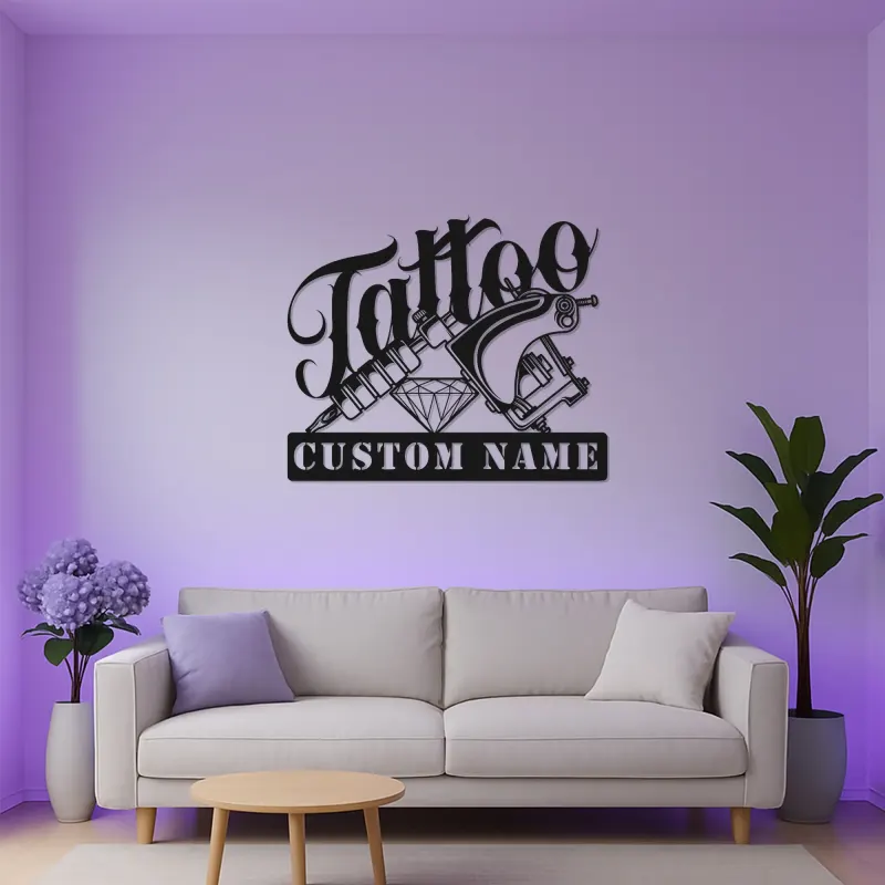 Cartel LED de máquina de tatuaje personalizado | Decoración mural de metal personalizada para estudio | Regalo para artista del tatuaje