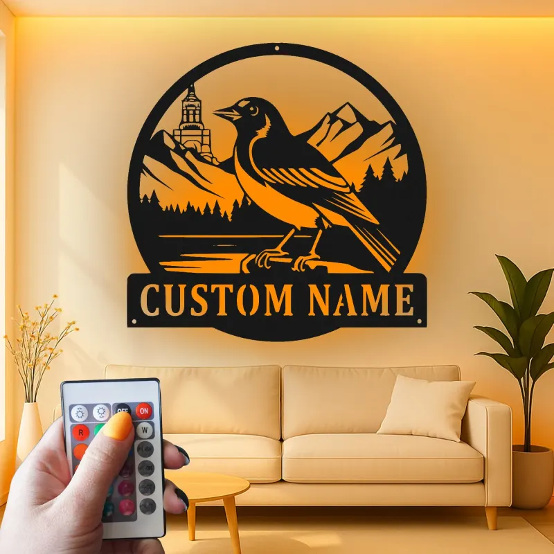 Custom Magpie Mountain Scene Led Light Metal Wall Art Personalized Nature Lover Gift Rustic Home Decor