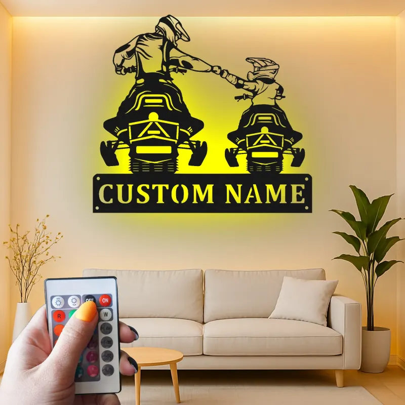 Arte de Metal de Motociclismo Padre e Hijo | Cartel Personalizado LED para Papá | Decoración de Silueta de Rider Personalizada