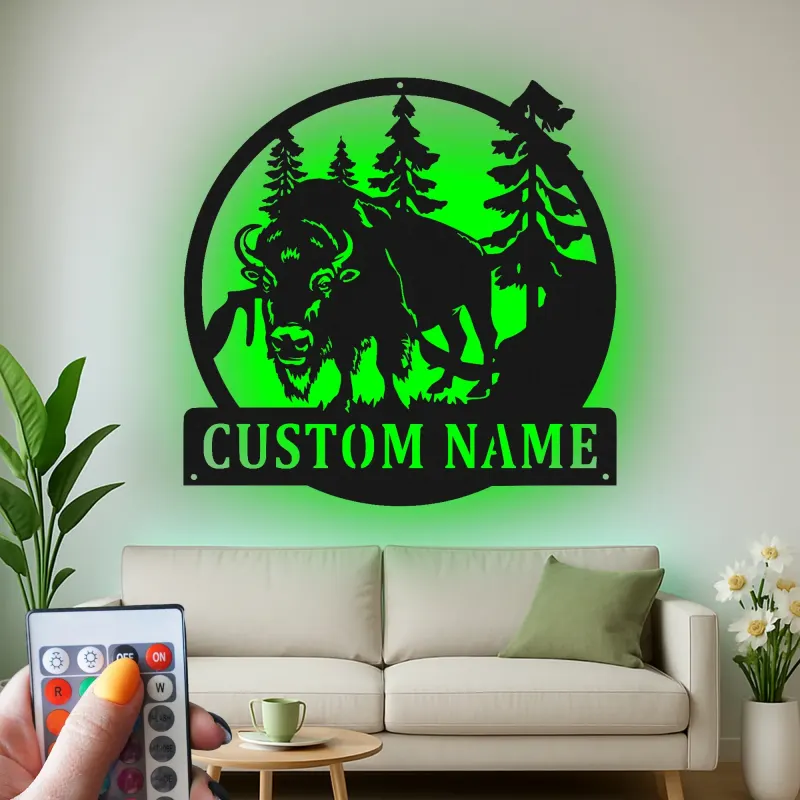 Décoration murale en métal personnalisée avec un bison en forêt, rétroéclairage LED, cadeau de faune personnalisé pour les amoureux de la nature, décoration de cabane