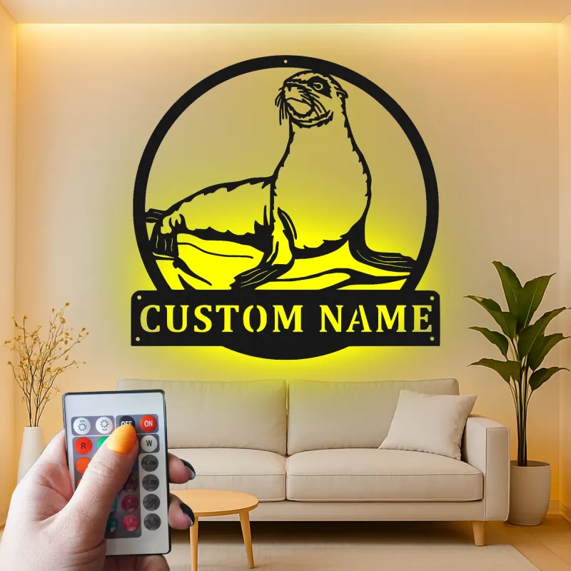 Custom Sea Lion Metal Wall Art | LED Light Nautical Decor | Personalized Ocean Lover Gift | Marine Life Name Sign