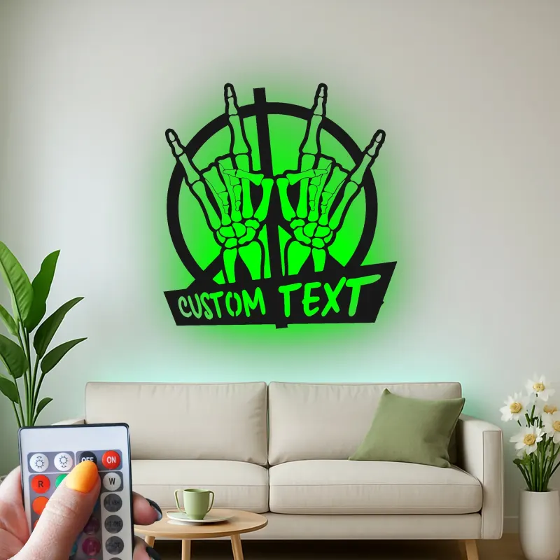 Insegna Rock On con Mani Scheletriche | Arte in Metallo LED Personalizzata | Targa per Amanti della Musica e Decorazione Gotica