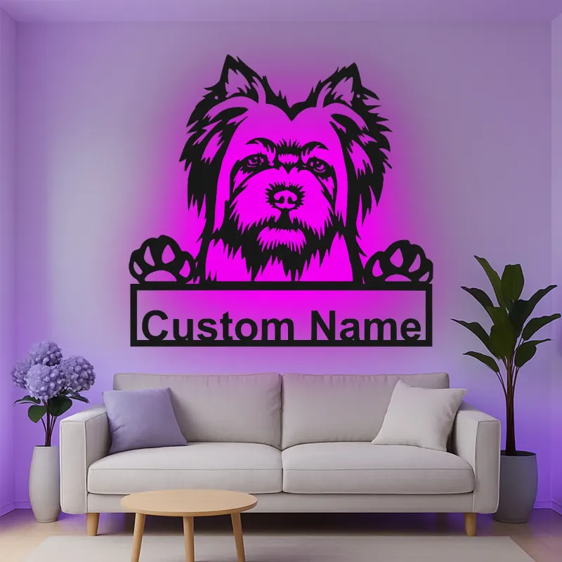 Custom Yorkshire Terrier Led Light Metal Wall Art Personalized Dog Lover Gift Living Room Pet Decor