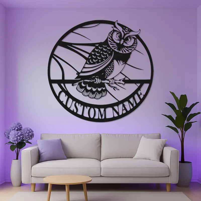 Great Horned Owl Metal Wall Art | Personalized LED Name Sign | Custom Bird Silhouette Decor for Home & Office | Nature Lover Gift
