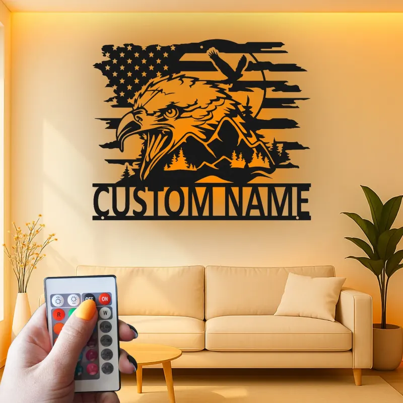 Insegna in metallo LED personalizzata con aquila e bandiera americana - Regalo patriottico per veterani, decorazione per man cave o ufficio