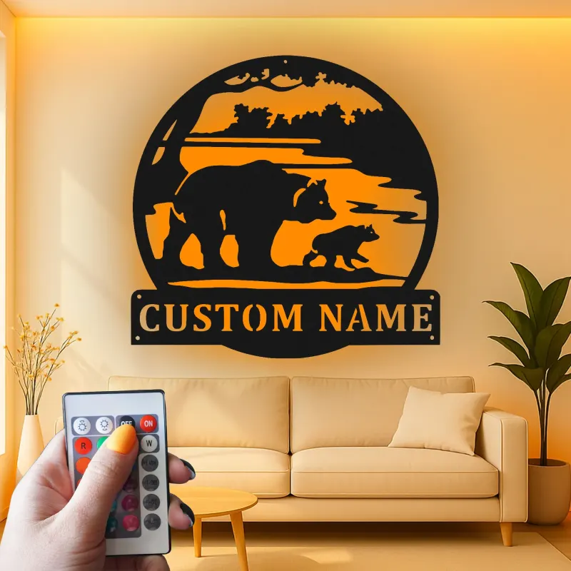 Cartel de metal LED Familia de Osos personalizado Regalo de naturaleza para familias Decoración de cabaña o sala