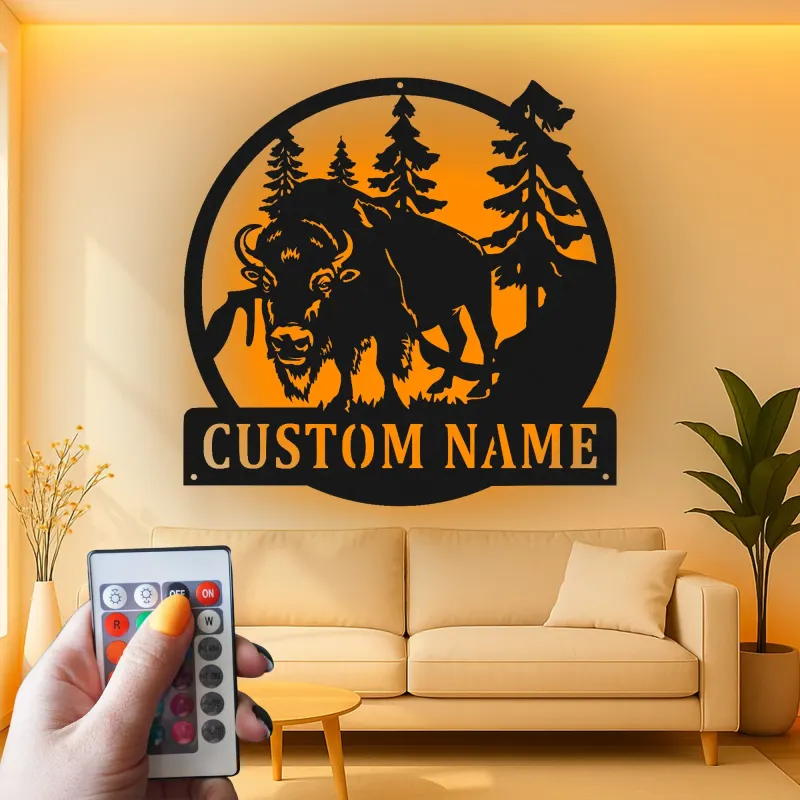 Décoration murale en métal personnalisée avec un bison en forêt, rétroéclairage LED, cadeau de faune personnalisé pour les amoureux de la nature, décoration de cabane