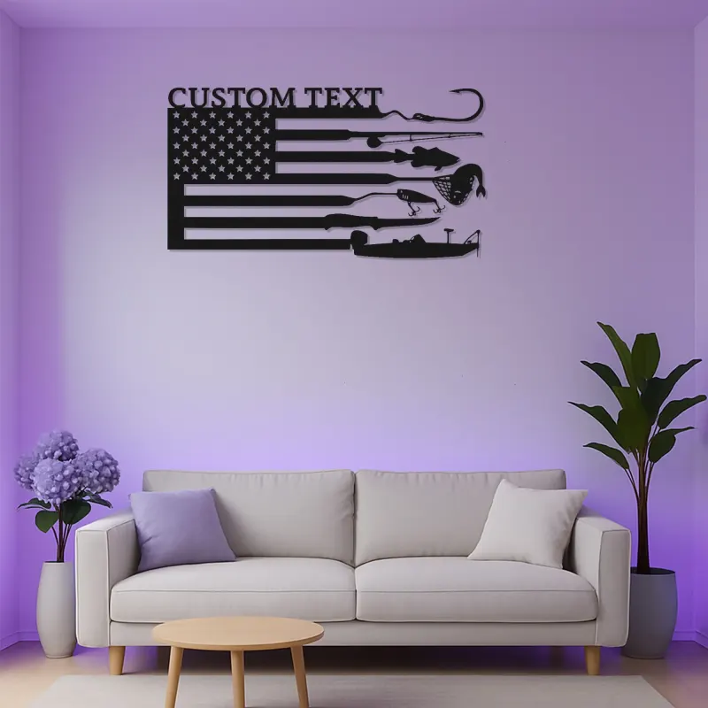 Panneau LED drapeau de pêche sur mesure | Décoration murale en métal personnalisée | Cadeau patriotique pour pêcheur | Déco maison de lac