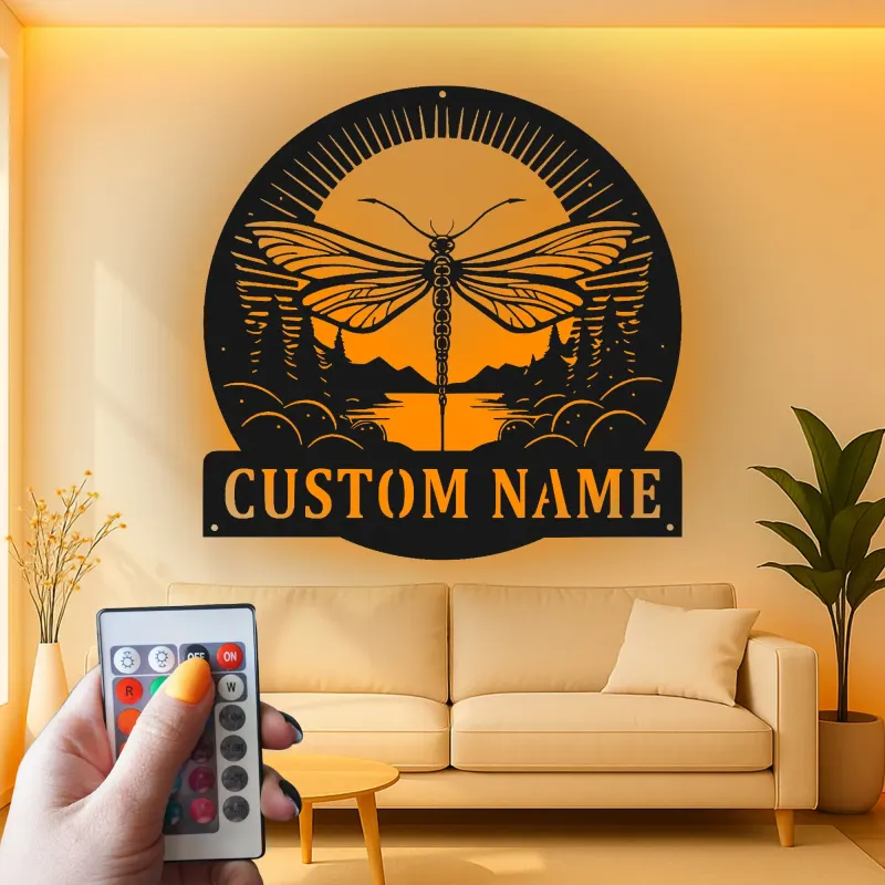 Cartel de metal personalizado con luz LED de libélula Regalo para amantes de la naturaleza Decoración para dormitorio o salón 3