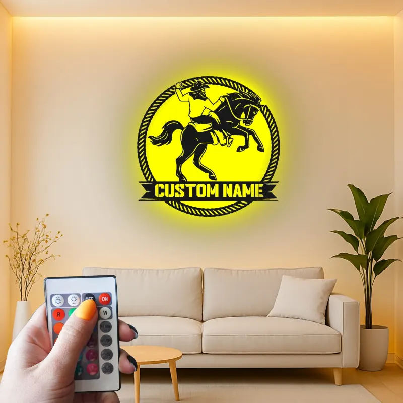 Custom Cowboy and Horse Led Light Metal Wall Art Western Gift for Ranch Lovers Rustic Home Decor