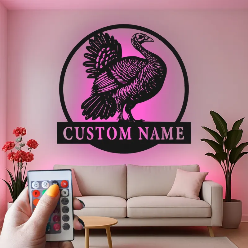 Décoration murale en métal LED personnalisée avec dinde - Cadeau pour chasseurs, décoration de ferme rustique