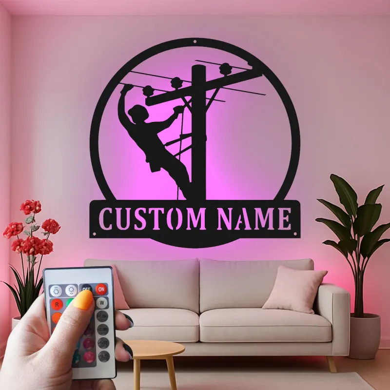 Lineman LED Metal Wall Art | Personalized Utility Worker Gift | Custom Name Powerline Technician Sign for Man Cave or Office Decor