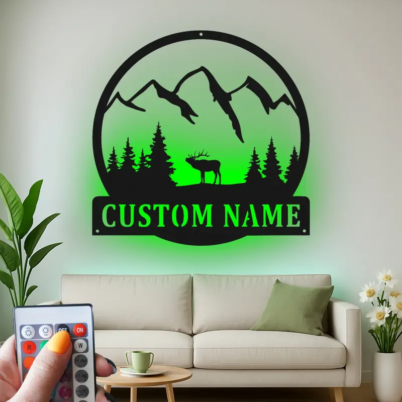 Cartel de metal LED de alce de montaña personalizado, regalo para amantes de la naturaleza, decoración de cabaña o refugio