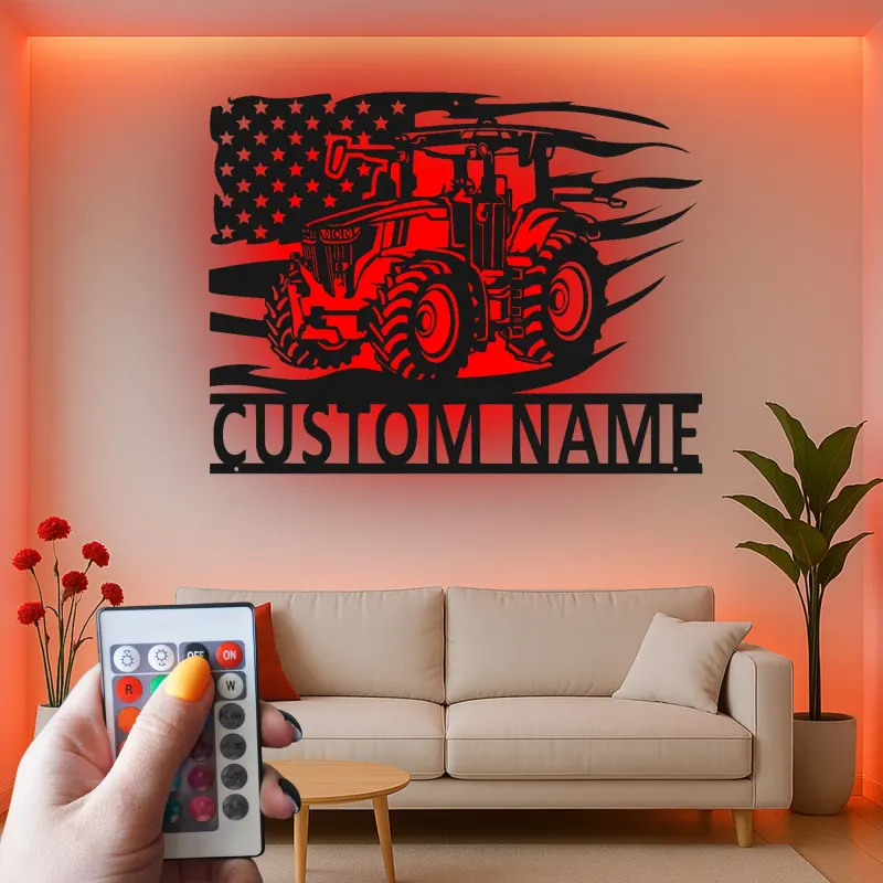 Décoration murale en métal personnalisée avec tracteur et drapeau américain en rétroéclairage - Cadeau pour agriculteur - Décor rustique de ferme