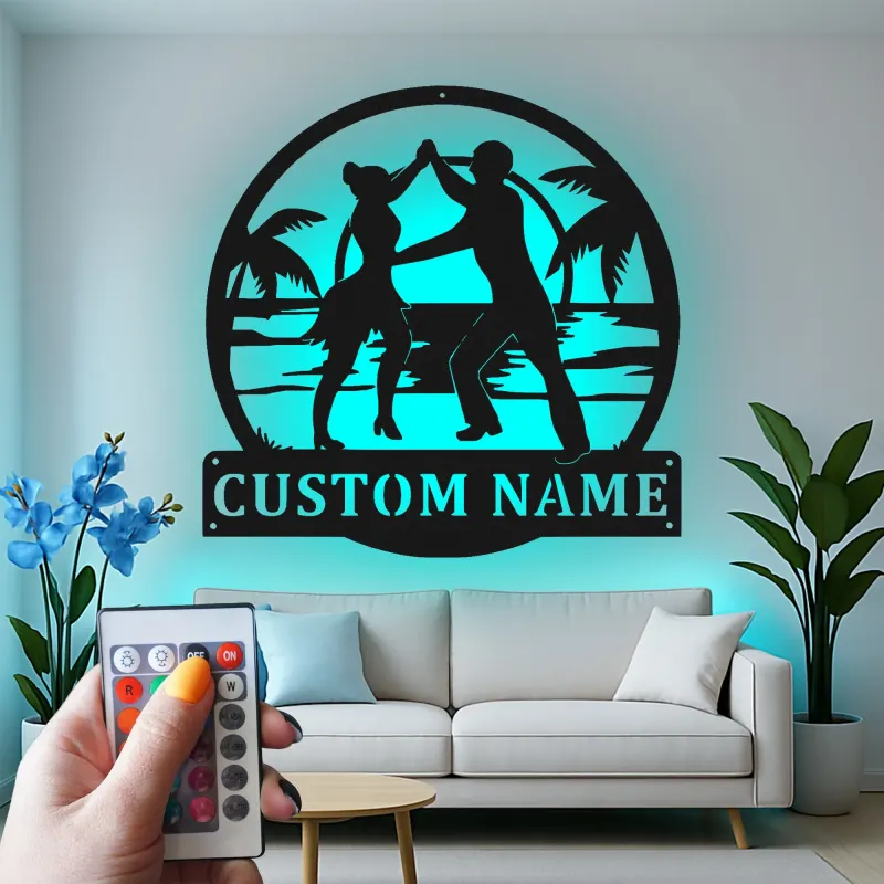 Cartel de metal personalizado con pareja de baile y luz LED, regalo personalizado para bailarines, decoración para salón o playa