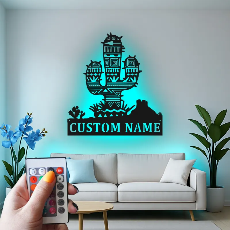 Décoration murale en métal personnalisée avec lumière LED en forme de cactus - Cadeau de décoration désert pour le salon