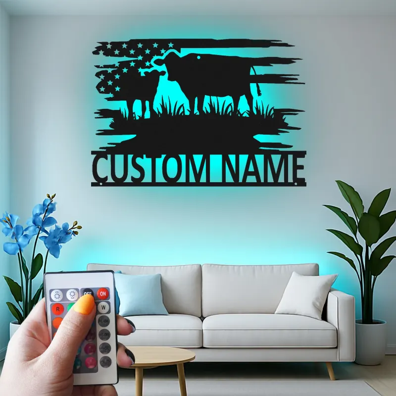 Décoration murale en métal personnalisée avec vache et veau en rétroéclairage - Cadeau pour agriculteurs - Décor de maison de campagne rustique