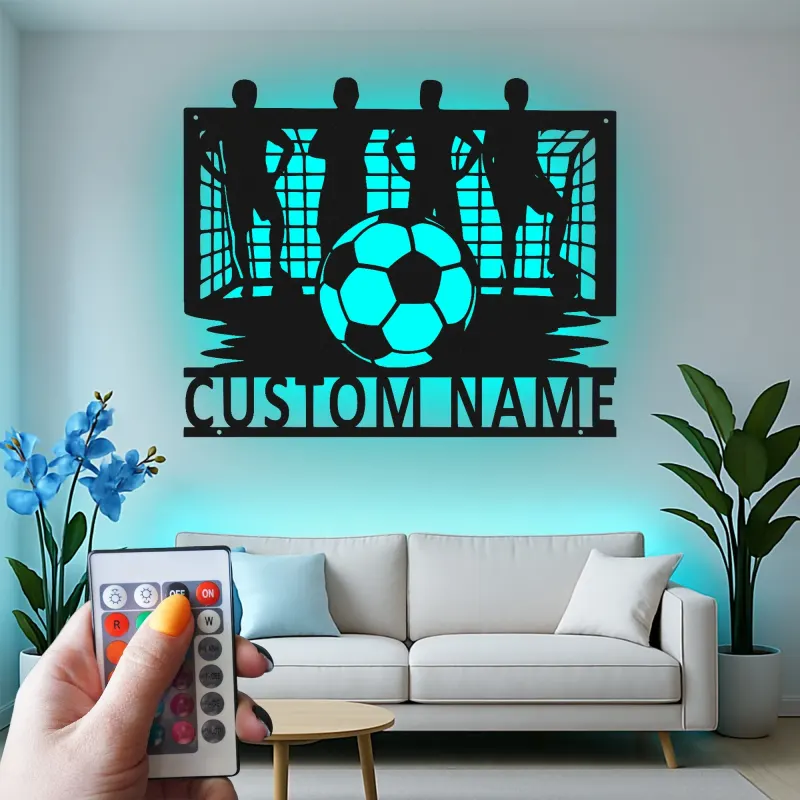Arte mural de metal personalizado de fútbol | Cartel LED con nombre personalizado para habitación de chicos | Regalo para jugador de fútbol | Decoración mural deportiva