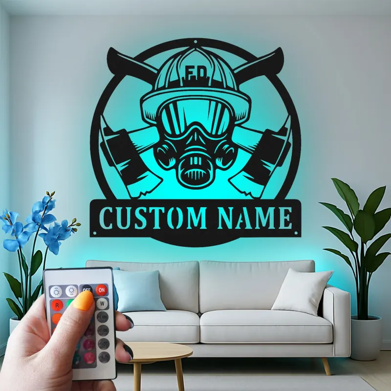 Personalized Firefighter Sign | Custom LED Metal Wall Art | Fireman Helmet Decor for Firehouse & Home | Hero Gift