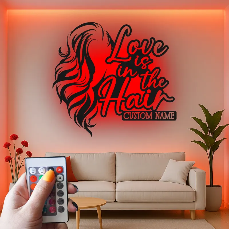 Custom Hairstylist LED Sign | Personalized Metal Wall Art for Salon Decor | Love is in the Hair Light Up Nameplate