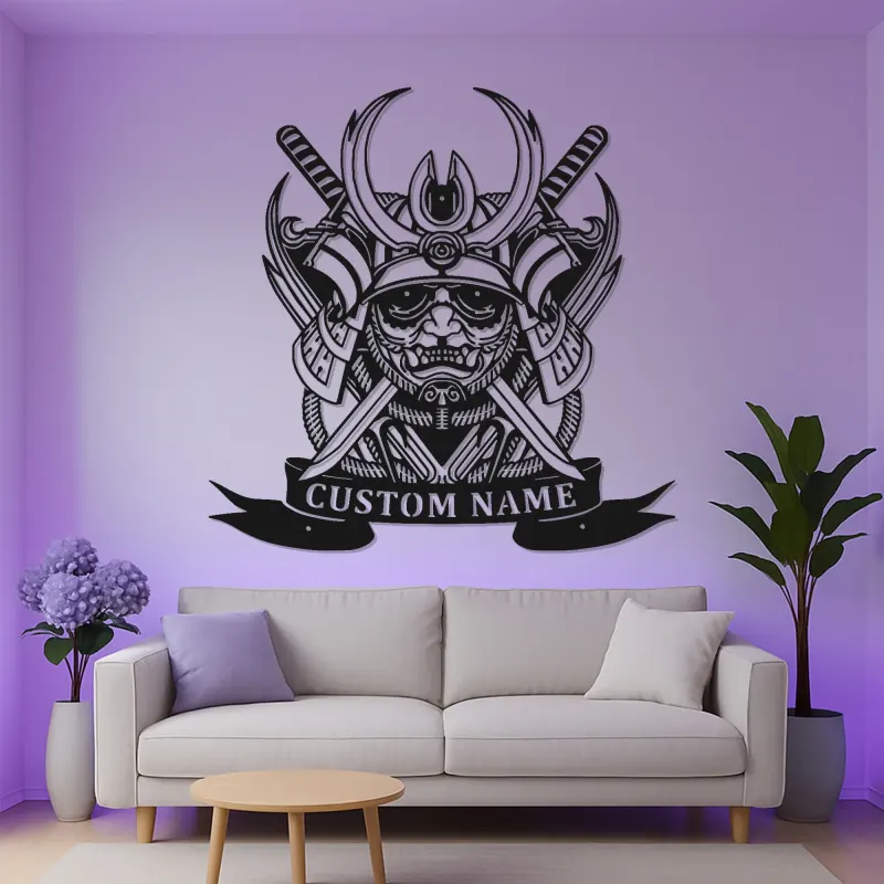 Art Murale en Métal Samouraï Personnalisé | Panneau LED Casque Japonais | Décor de Dojo Personnalisé | Cadeau pour Fan d'Arts Martiaux