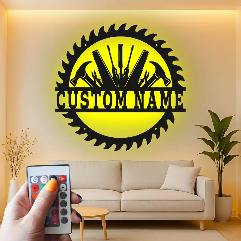 Custom Workshop Tools Led Light Metal Wall Art Personalized Gift for Handyman Garage Decor for Tool Lovers