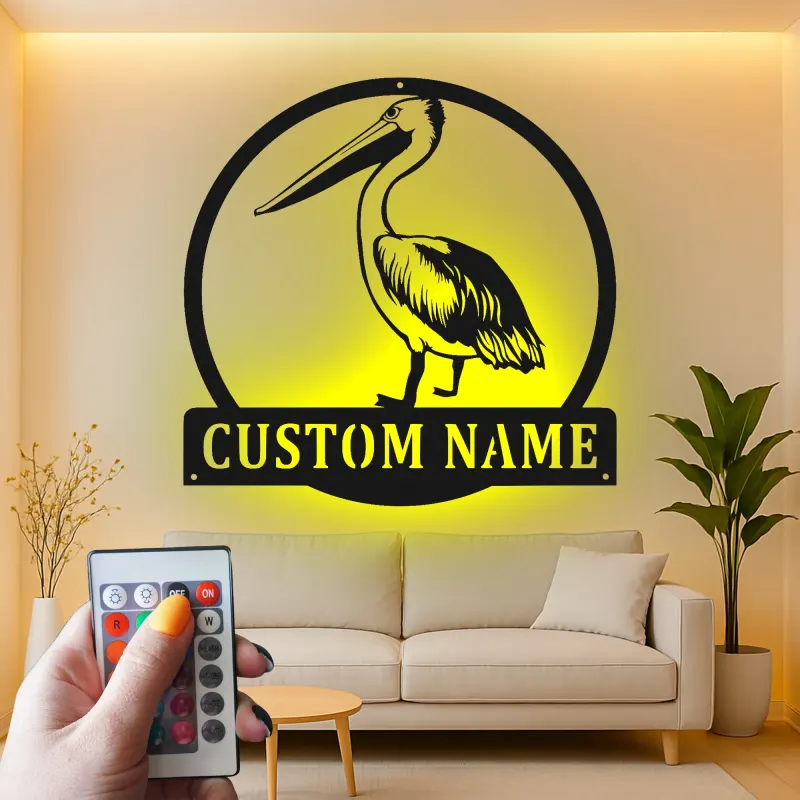 Cartel de metal LED personalizado de pelícano para regalo costero y decoración de casa de playa