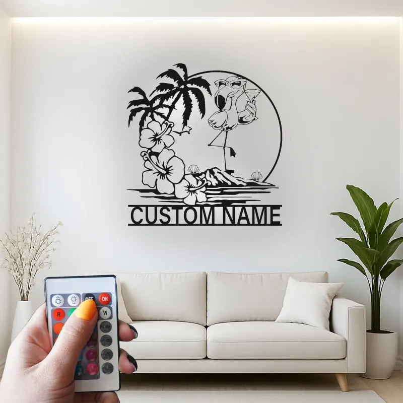 Cartel LED de flamenco personalizado | Arte mural tropical personalizado | Decoración de casa de playa para patio o bar junto a la piscina | Placa de nombre iluminada