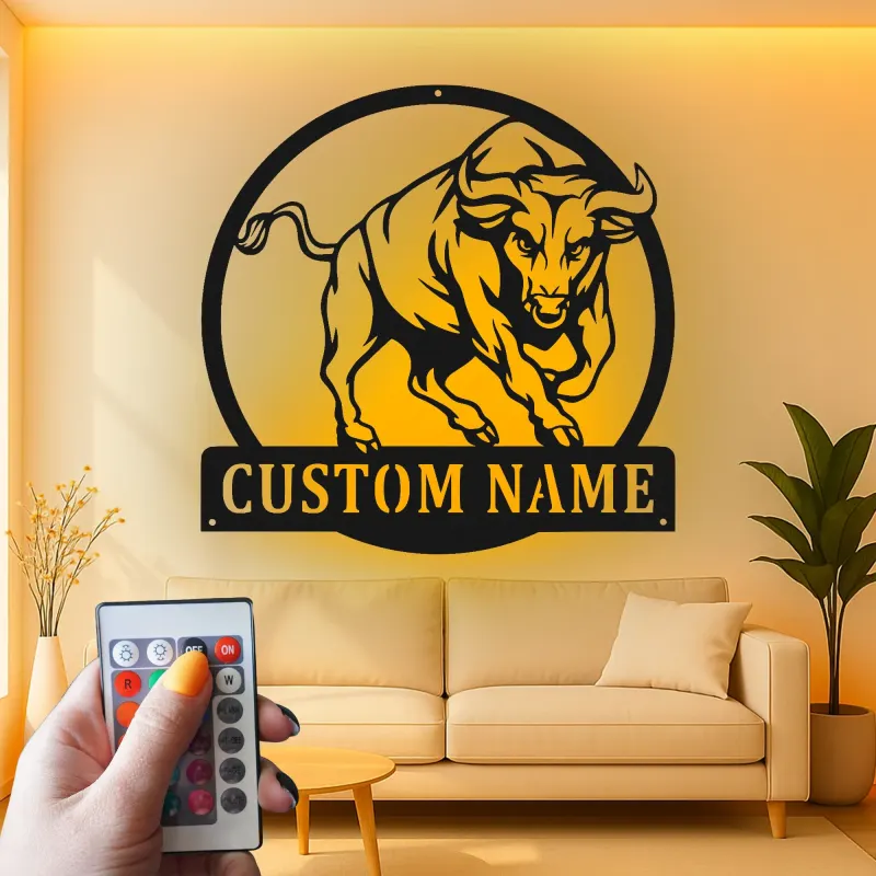Insegna in metallo LED personalizzata con toro - Regalo per lui, decorazione per man cave o ufficio