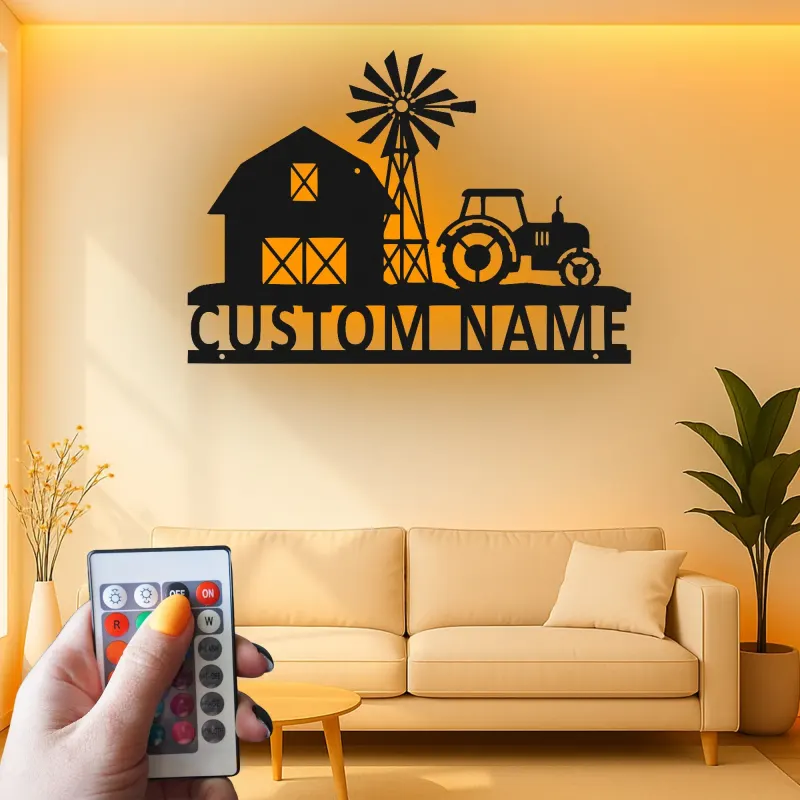 Insegna in metallo personalizzata con scena di fattoria e luce LED regalo per agricoltori decorazione rustica con trattore per la casa