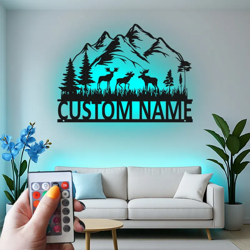 Custom Moose Mountain Metal Sign | LED Rustic Wildlife Wall Art | Personalized Cabin Decor Gift for Nature Lovers