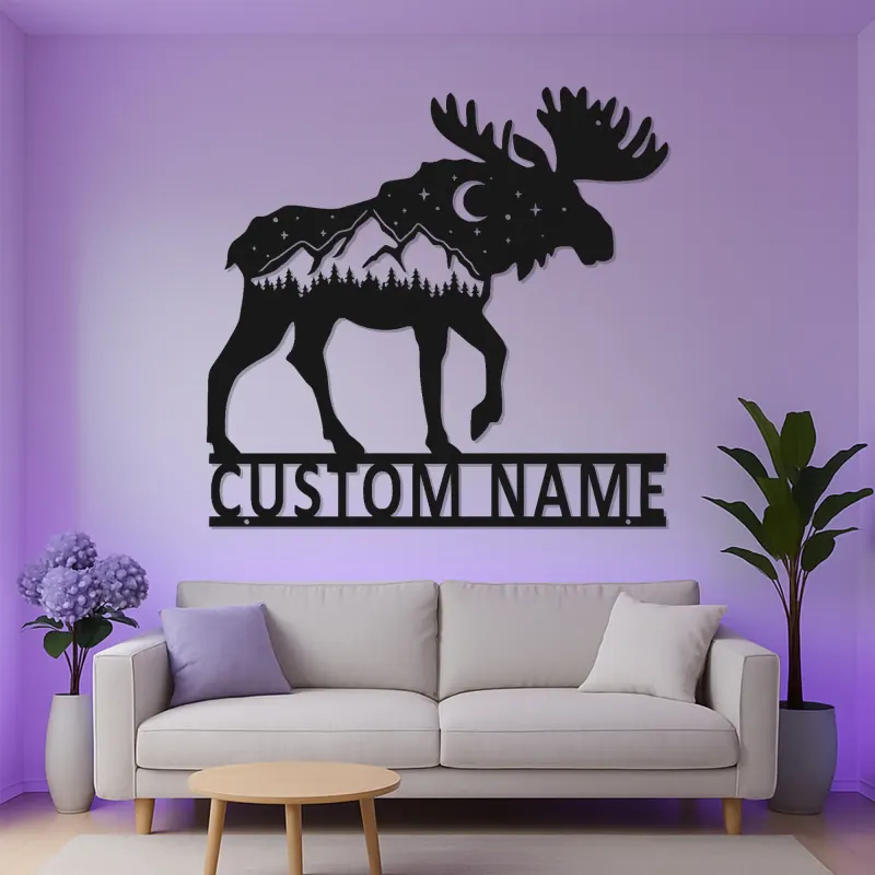 Personalized Moose Metal Wall Art | LED Wildlife Sign | Custom Name Cabin Decor | Rustic Mountain Hunter Gift