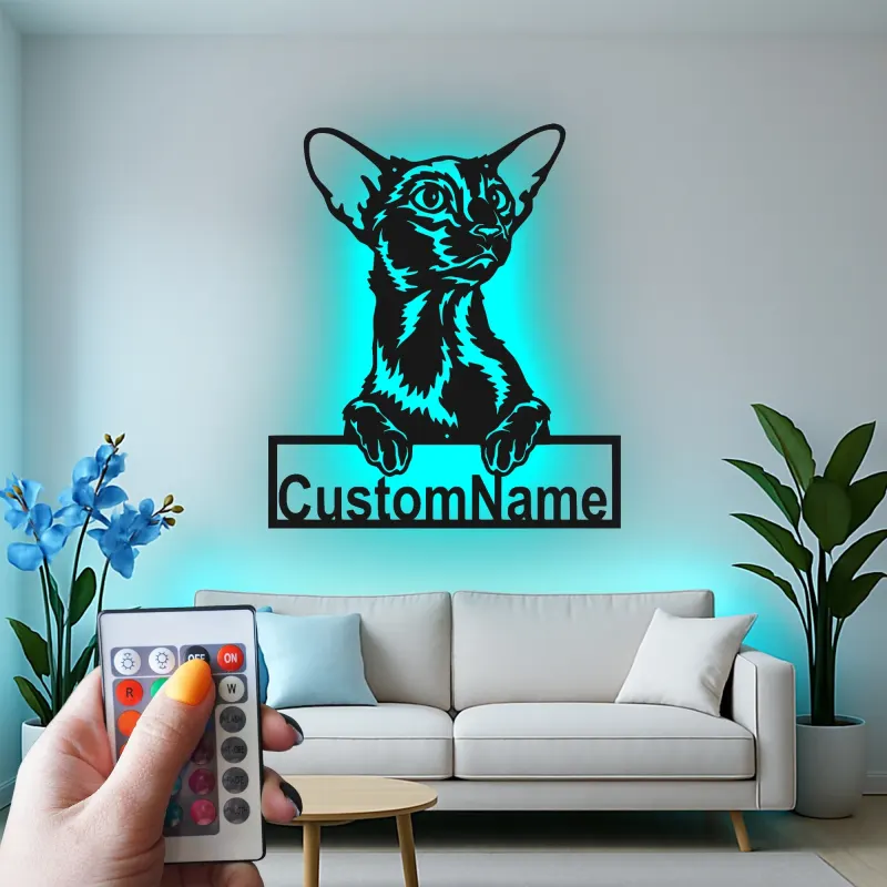 Custom Oriental Shorthair Cat Led Light Metal Wall Art Personalized Cat Lover Gift Bedroom Pet Decor