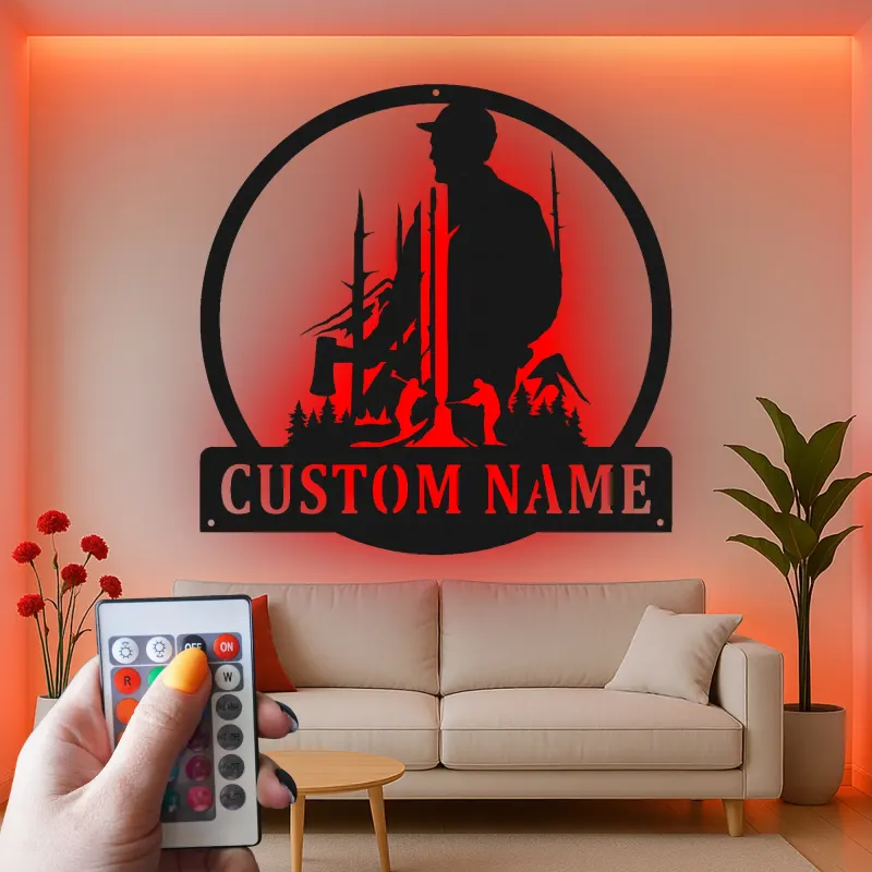 Lumberjack Silhouette Metal Sign | Custom LED Name Art | Rustic Cabin Decor & Woodsman Gift
