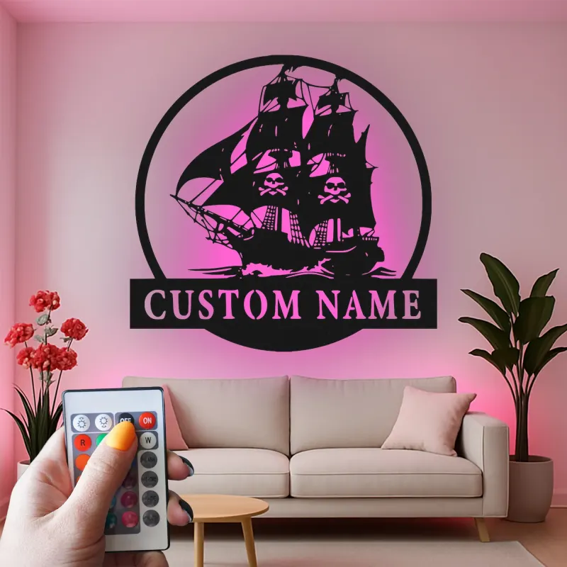 Insegna LED Nave Pirata | Arte Murale Nautica con Nome Personalizzato | Decorazione Man Cave e Regalo per Marinai