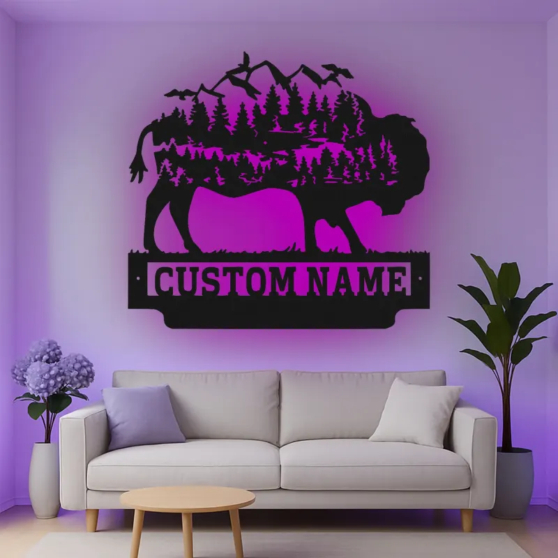 Insegna in metallo LED personalizzata con bufalo e wilderness - Regalo per amanti della natura, decorazione per cabin rustica