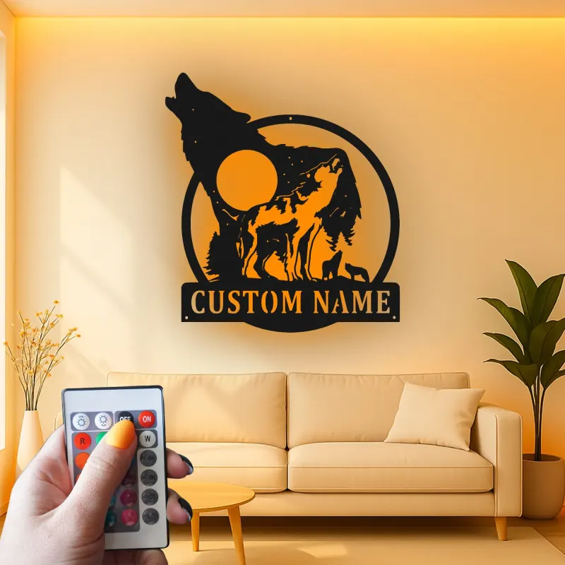 Custom Wolf Pack Led Light Metal Wall Art Personalized Nature Lover Gift Rustic Cabin Decor