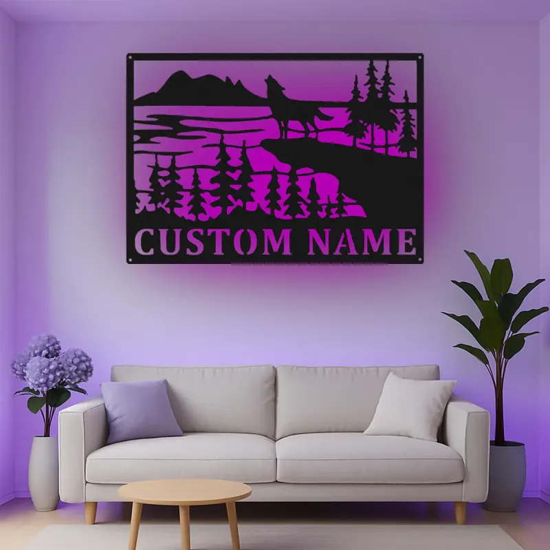 Custom Wolf Howling Landscape Led Light Metal Wall Art Personalized Nature Lover Gift Cabin Decor