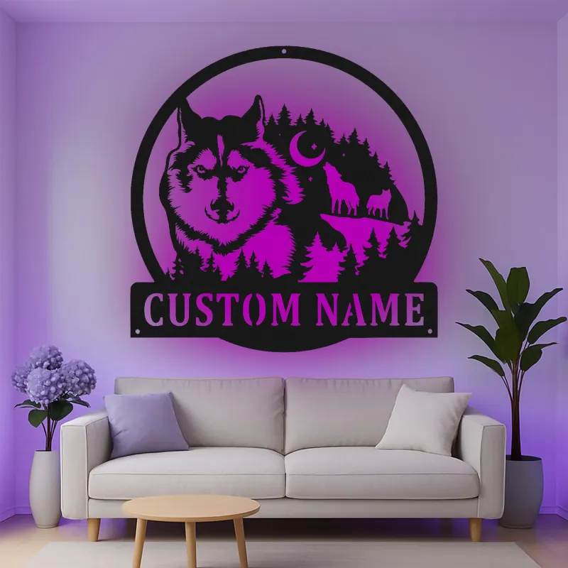 Custom Wolf Forest Scene Led Light Metal Wall Art Personalized Nature Lover Gift Rustic Cabin Decor
