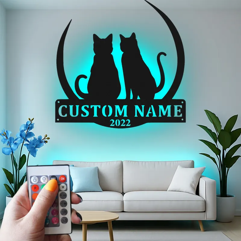 Cartel de metal personalizado con silueta de gato y luz LED, regalo personalizado para amantes de mascotas, decoración para dormitorio o salón
