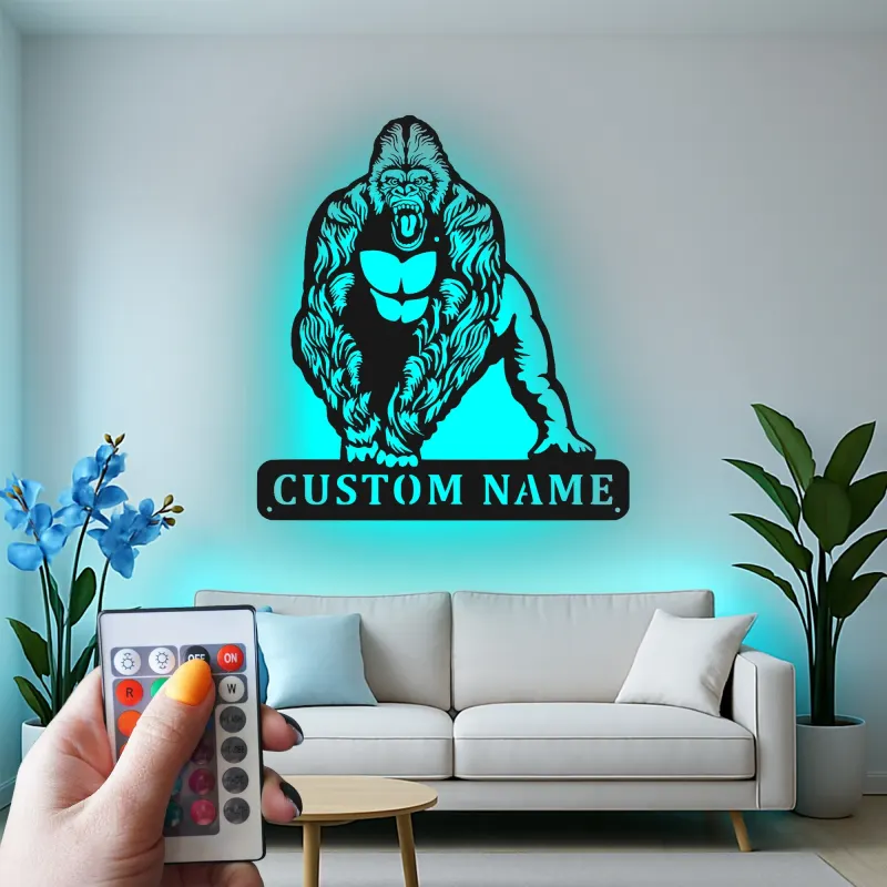 Arte murale in metallo con gorilla e LED | Insegna personalizzata con nome per man cave, home gym | Decorazione personalizzata con fauna selvatica